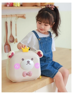 Detail of cute cartoon bear hardshell toddler backpack with crown zipper and 3D ears