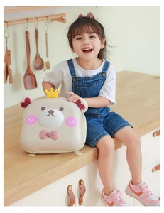 Detailed view of cartoon bear backpack featuring a 3D crown and heart ears for kids