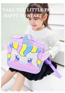 Detailed view of purple unicorn preschool backpack with 3D ears and rainbow accents