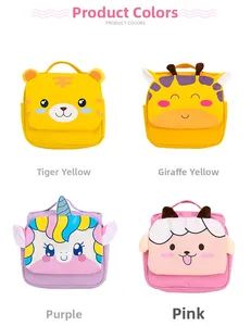Selection of cute cartoon animal canvas backpacks in yellow, purple, and pink for kids