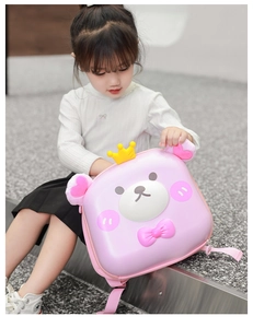 Pink cartoon bear hardshell toddler backpack with crown and bow details for girls
