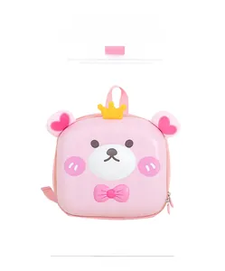 Front view of a pink bear hard shell toddler backpack with cute crown and bow details