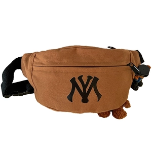 Brown canvas waist bag with NY logo and plush bear charm for stylish boys and girls