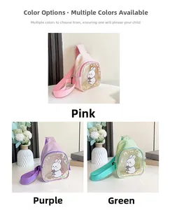 Detailed view of kids cartoon bunny crossbody bags with glitter sequins in three colors