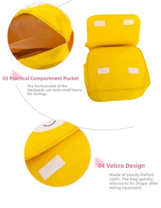 Detail of yellow toddler backpack featuring velcro closure and functional pocket sections
