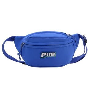 Bright blue kids chest bag with adjustable strap and Pila logo on white background