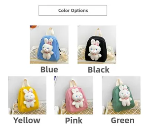 Collection of five colorful canvas children backpacks with cute 3D bunny plush toys