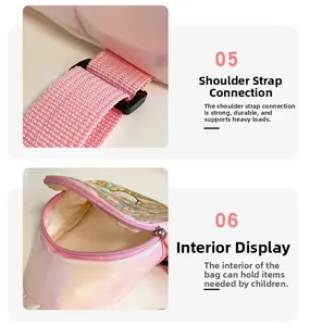 Detail of pink pearlized kids bag showing reinforced shoulder strap and inner compartment