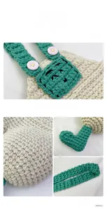Detailed view of handmade green crochet baby overalls and boots with pink star buttons