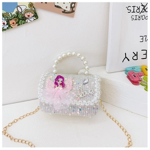 Detail of sequins lace mini bag with pearl handle and fairy doll decor for girls