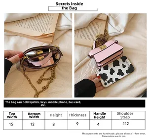 Tabella taglie per mini borsa rosa con dimensioni e dettagli tracolla a catena dorata