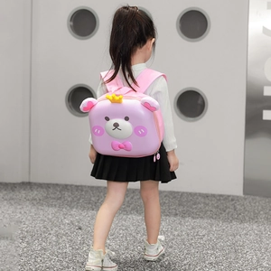 Cute pink cartoon bear hardshell toddler backpack for girls with crown and bow details