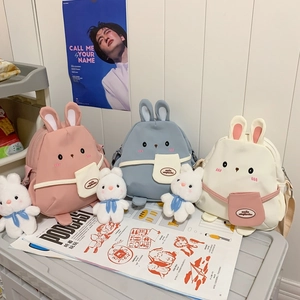 Kawaii Rabbit Canvas Crossbody Bag For Girls Women Cute Cartoon Animal Shoulder Purse With Plush Pendant And 3D Ears