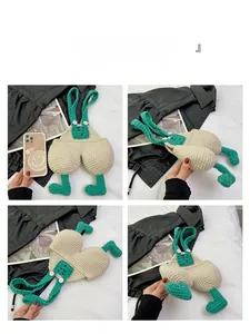 Detailed views of a cute handmade crochet crossbody phone bag in beige and green