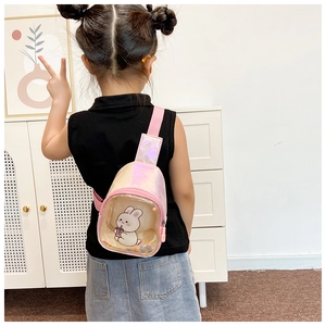 Close-up of pink laser PU leather kids chest bag featuring a cartoon bunny and clear window