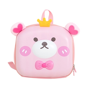 Pink cartoon bear hard shell backpack for preschool girls with yellow crown and bowknot