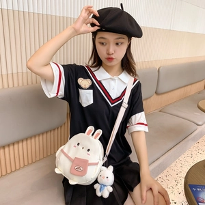 Cute white rabbit crossbody canvas bag for girls with plush keychain and pink detail
