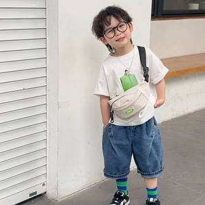 Kids off-white canvas chest bag with green PEACE print for outdoor street fashion