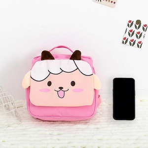 Size comparison of small pink cartoon sheep backpack with a smartphone as reference
