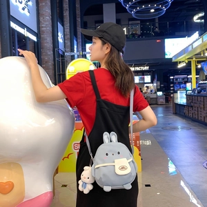 Cute light blue bunny canvas shoulder bag with plush pendant for girls daily outing