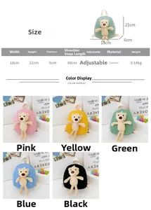 Detailed size chart for kids canvas bear backpack with dimensions and adjustable strap