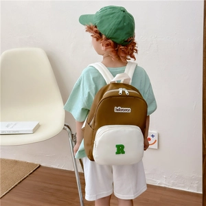 Lightweight canvas color-block kids backpack with letter R embroidery for preschool