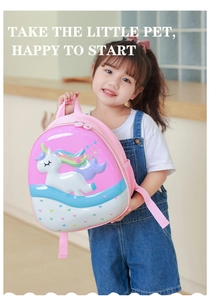 Detailansicht des rosa 3D-Einhorn-Kinderrucksacks mit wasserdichter EVA-Hartschale