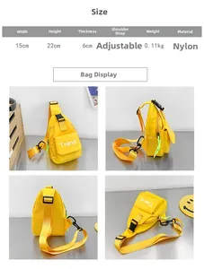 Detailed views of yellow nylon kids chest bag with Trend logo and dimensions table