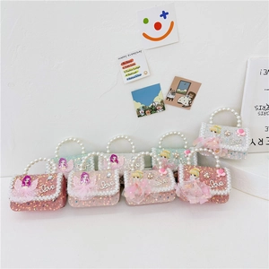 Kids Mini Sequin Shoulder Bag Princess Artificial Pearl Handle Lace Crossbody Handbag Fashion Accessory For Girls