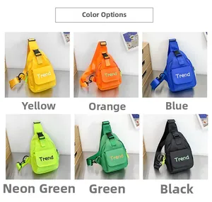 Close-up of trendy nylon chest bags for kids in six vibrant colors with Trend lettering