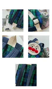 Detail of plaid canvas and denim patchwork with cartoon embroidery on children backpack