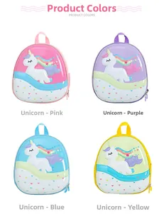 Vier bunte Einhorn-Rucksäcke in Rosa, Lila, Blau und Gelb für Mädchen im Kindergarten