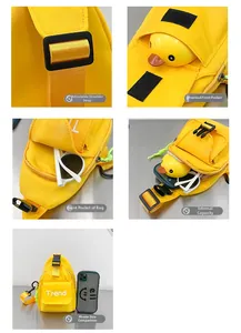 Detail view of yellow nylon chest bag with adjustable strap, front pocket and inner storage
