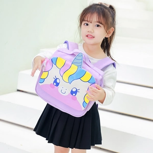 Cute purple unicorn canvas backpack for kids with adjustable straps and cartoon design