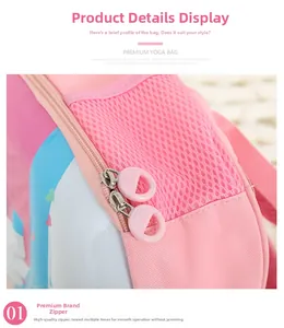 Nahaufnahme des rosa Reißverschlusses und des atmungsaktiven Netzes am Kinderrucksack