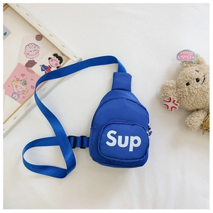 Detail of blue nylon kids chest bag with white letter print and adjustable strap