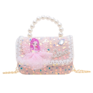 Pink holographic sequins girl's handbag with pearl handle and angel patch design