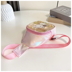 Close-up of pink iridescent kids chest bag with sequin bunny detail and adjustable strap