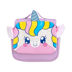 Cute purple unicorn canvas backpack for kids featuring colorful rainbow hair and ears