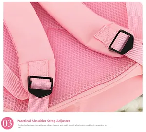 Detail eines rosa Kinderrucksacks mit atmungsaktivem Mesh-Rücken und gepolsterten Gurten