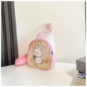 Detailed view of pink rabbit crossbody bag featuring a transparent sequin window
