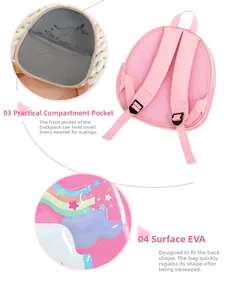 Detail des rosa Einhorn-Rucksacks mit Netztaschen und strapazierfähigem EVA-Hartschalenmaterial