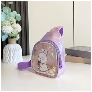 Detailed view of purple iridescent bunny bag with sparkling sequins and cartoon rabbit
