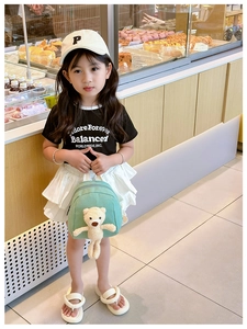Toddler modeling a mint green mini backpack with a 3D plush bear in a bright bakery