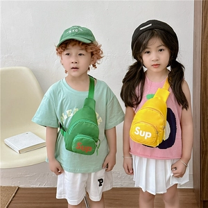 Kids stylish canvas chest bag with Sup letter print and adjustable strap in green and yellow
