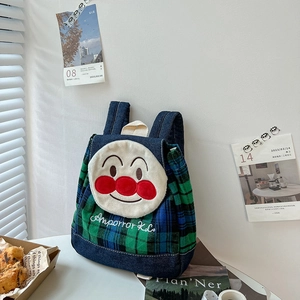 Kids Backpack Canvas Denim Patchwork Lightweight Adjustable Kindergarten School Bag Cartoon Grid Pattern For Toddlers