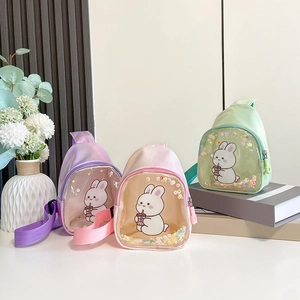 Kids Cartoon Bunny Chest Bag Iridescent PU Leather Quicksand Sequin Transparent PVC Crossbody Shoulder Bag For Girls
