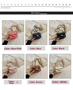 Dettaglio di mini borse a tracolla trapuntate in rosa, blu, nero, marrone e bianco per bambine