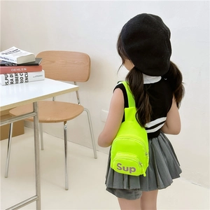 Neon yellow kids crossbody bag with purple Sup lettering and dual zipper compartments