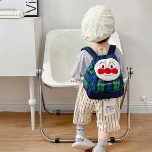 Cartoon character children denim backpack with plaid fabric and embroidery detailing
